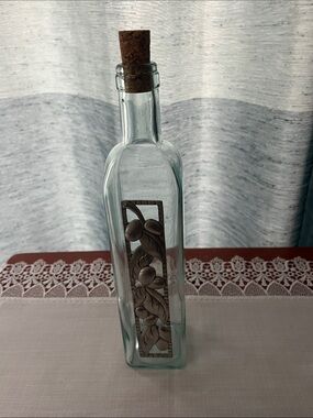 Vintage Glass Olive Oil Cruet with Pewter Overlay - Decorative Bottle with Cork